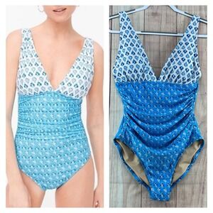 J.Crew Factory V-Neck Ruched One Piece Swimsuit Sz M Removable Pad Tummy Control